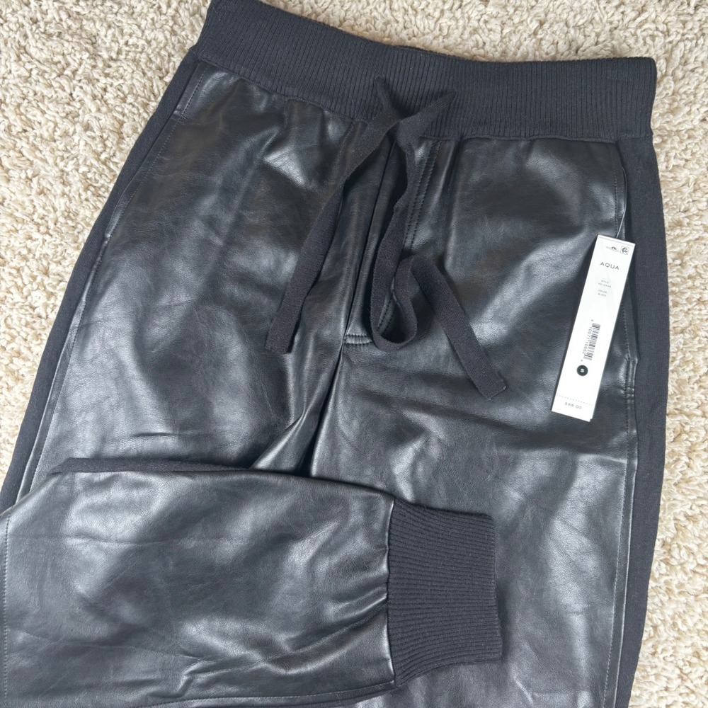 NWT AQUA Faux Leather Jogger Pants Women's Size Small Black Drawstring Waist